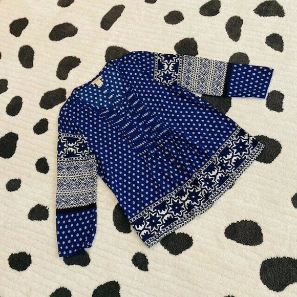 Lucky Women's Small Blue White Black Floral Print Boho Split Neck Blouse Top - Picture 1 of 8